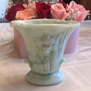 Vintage green and white glass vase